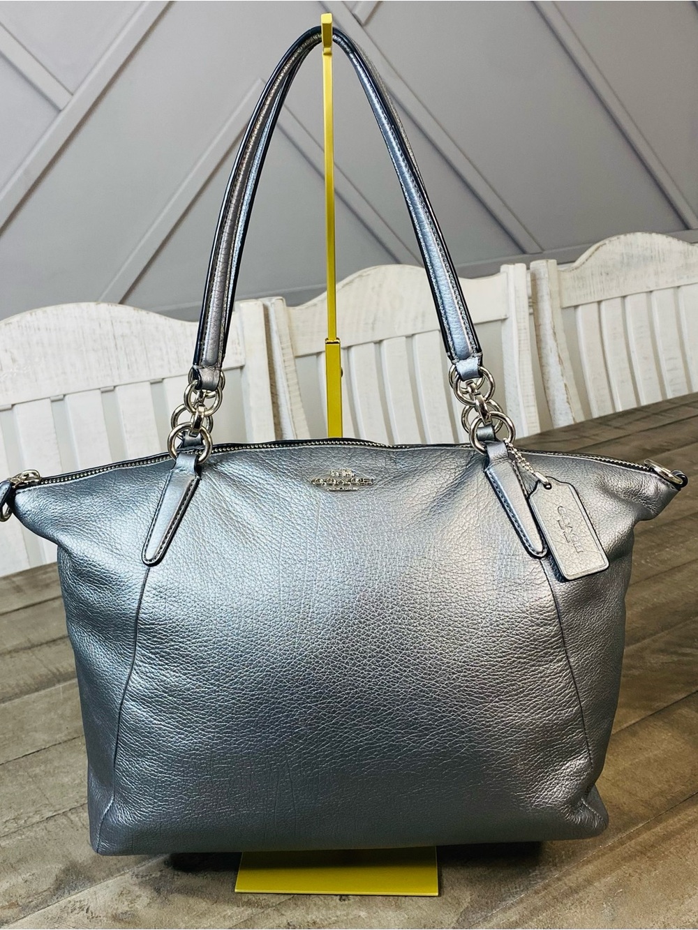 Coach Metallic Silver Pebble Leather Kelsey Satchel Shoulder Bag Purse Handbag